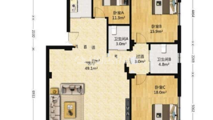 九号公寓 3室2厅 南北